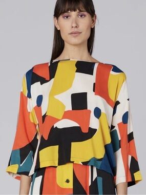 gorman Abstract Multi-Color Boatneck Tunic in Yellow, Orange, Blue, Black, Cream